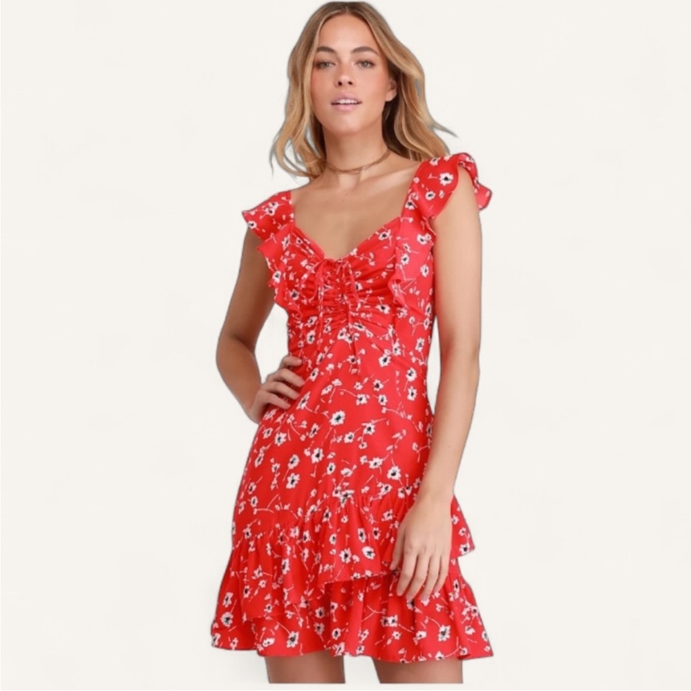 Lulus On the Patio Red Floral Print Ruffled‎ Mini Dress Small romantic girly